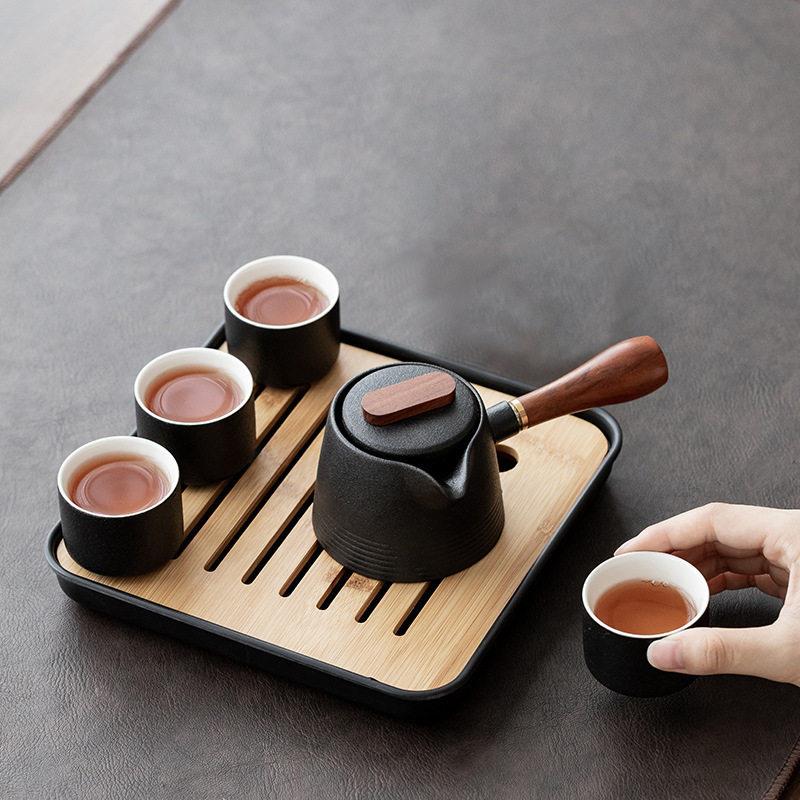 黑陶侧把快客杯一壶四杯茶叶带茶盘便携包户外酒店客房茶具礼品