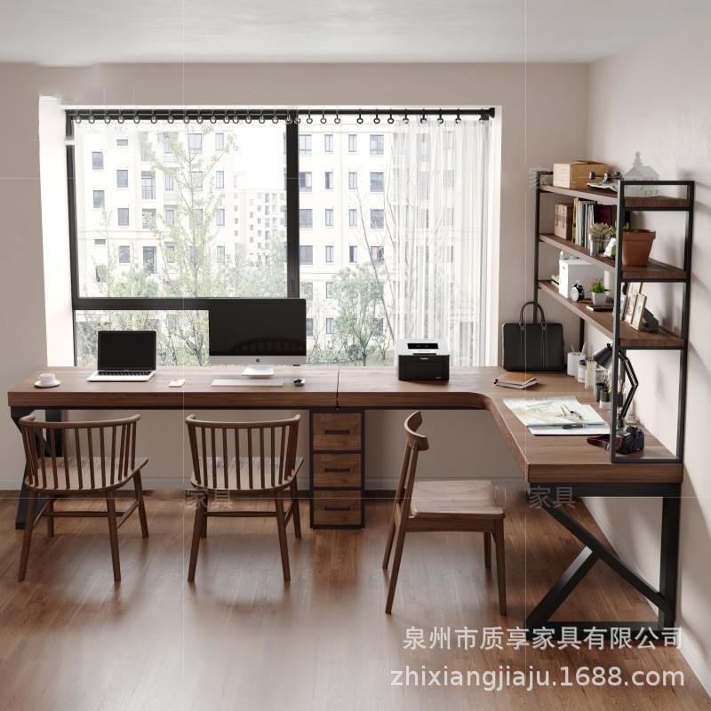 实木转角长书桌书架一体 家用靠墙拐角公桌书房l型双人电脑桌子