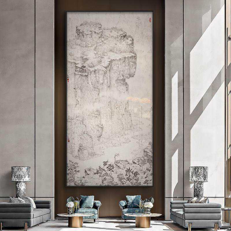 新中式客厅侘寂赤贫风黑白玄关大幅装饰画酒店别墅餐厅禅意山水画