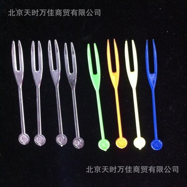 一次性塑料水果叉餐叉两齿叉OK叉透明彩色2000个装
