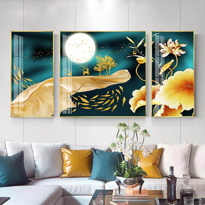 客厅沙发背景画荷花发财鹿莲花鱼现中式挂画装饰三联晶瓷画