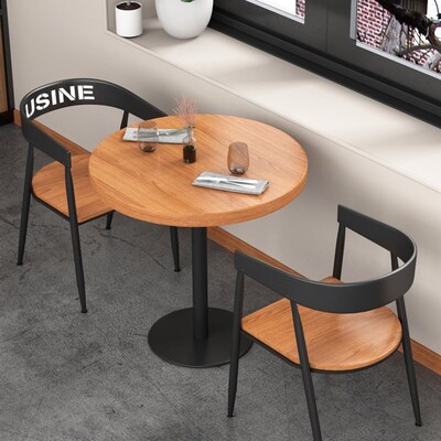 工业风铁艺实木小圆桌单腿圆形餐桌餐饮店奶茶店酒吧双人桌1018