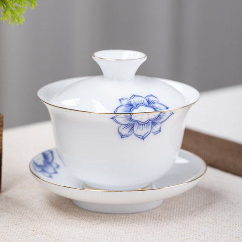 青花瓷薄胎盖碗白玉瓷功夫茶具三才茶碗单个中式古代家用泡茶荷花