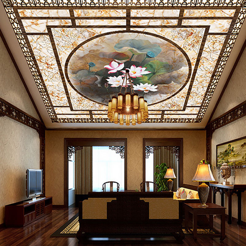 明清古典客厅吊顶壁纸新中式卧室天花板装饰壁画顶棚立体浮雕墙纸图片
