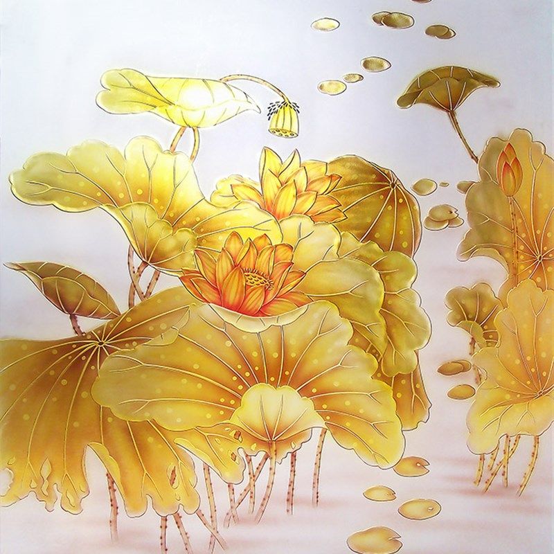 定制钢化雕刻工艺术玻璃隔断玄关屏风门芯墙画背景墙双面金黄玉荷