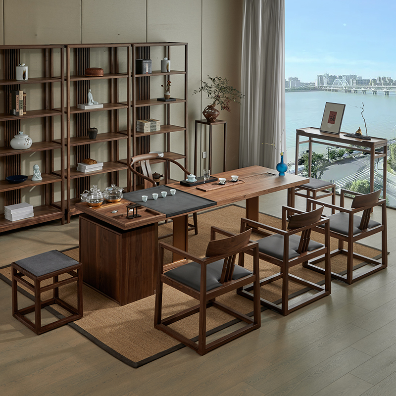 新中式黑胡桃木茶桌椅组合功夫喝茶泡茶桌办公室岩板茶台茶几家用