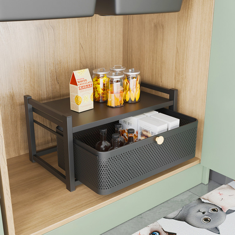 白色铁艺厨房台面下水槽橱柜抽拉式置物架办公桌面整理筐收纳架子