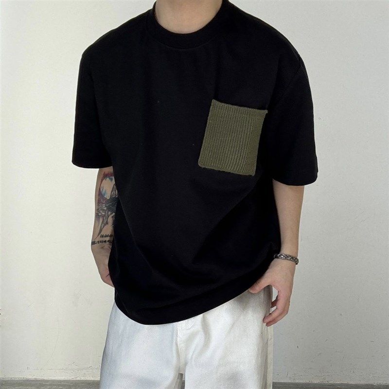 韩系纯棉针织口袋夏季o圆领短袖T恤男宽松舒适五分袖潮流百搭体恤