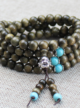 老料金丝楠木108颗文玩手串隔珠情侣手链金丝楠佛珠原木念珠饰品