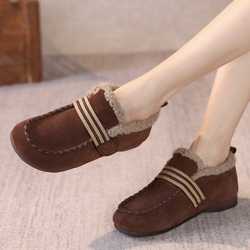 秋冬新款脚宽胖外穿43大码平底女棉鞋2024一脚蹬牛筋底真皮妈妈鞋,女鞋,棉鞋,淘宝优惠券,粉丝福利购,淘宝优惠卷