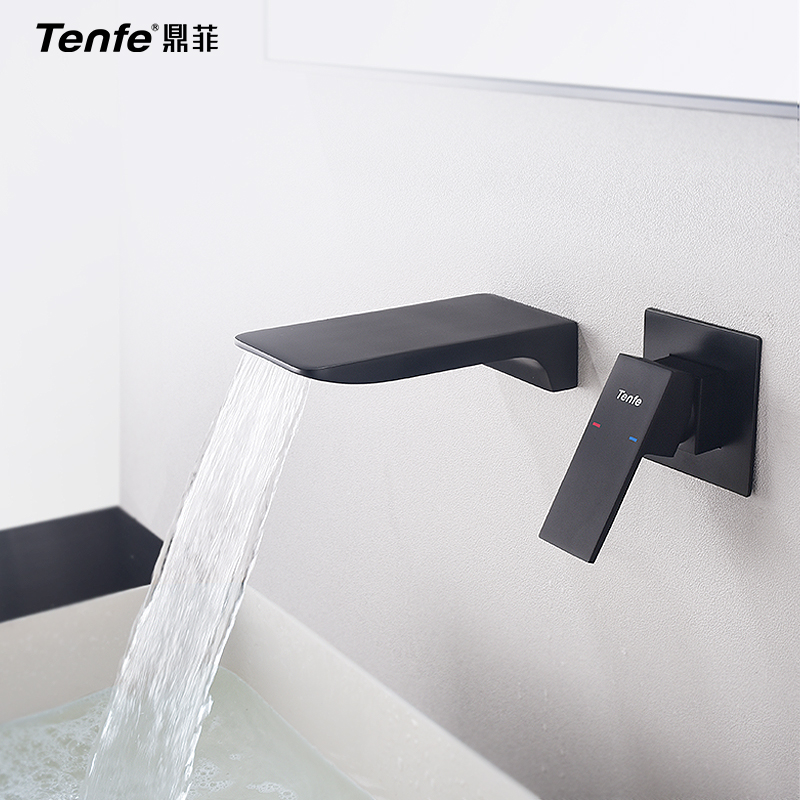 鼎菲 北欧冷热水瀑布入墙式面盆龙头暗装黑色台盆铜水龙头