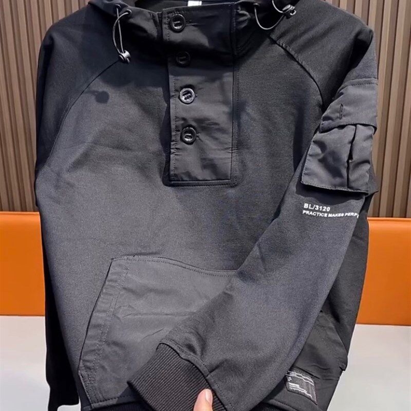 春季新款男士连帽卫衣2023时尚百E搭个性工装口袋潮流气质净版上