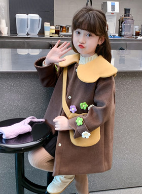 女童春秋外套2024新款儿童中长款洋气时髦毛呢大衣秋季小女孩风衣