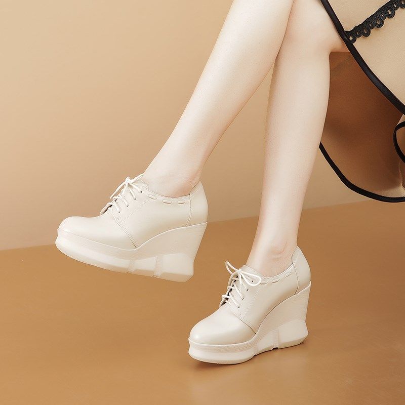 小个子厚底松糕鞋9.5cm系带深口坡跟单鞋真皮R防水台超高跟增高鞋,女鞋,深口单鞋,淘宝优惠券,粉丝福利购,淘宝优惠卷