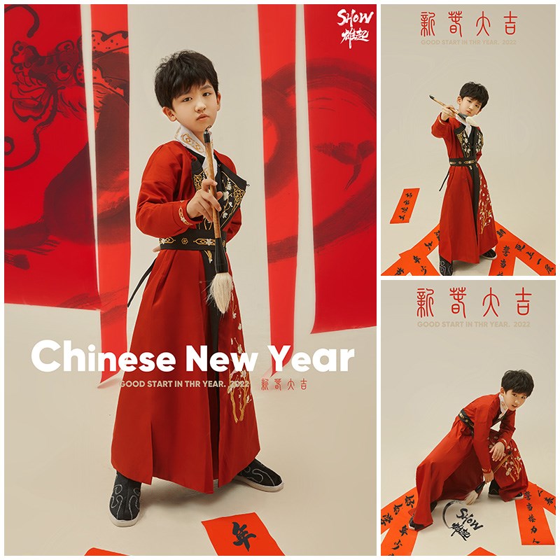 儿童新年套装中国风红色衣服国潮汉服主题影楼写真艺术照摄影服装