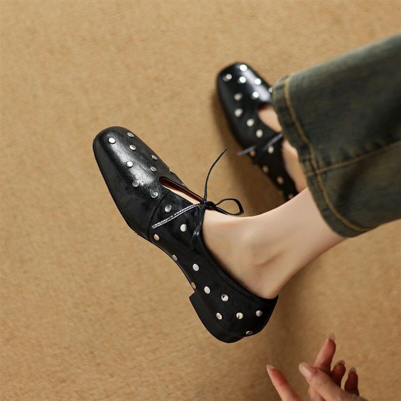 醉红妆 真皮单h鞋女系带新款春秋羊皮平跟铆钉圆头低跟深口平底鞋,女鞋,深口单鞋,淘宝优惠券,粉丝福利购,淘宝优惠卷