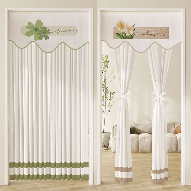 奶油风门帘免打孔防蚊夏季蕾丝网红纱帘家用卧室隔断遮挡空调挡风