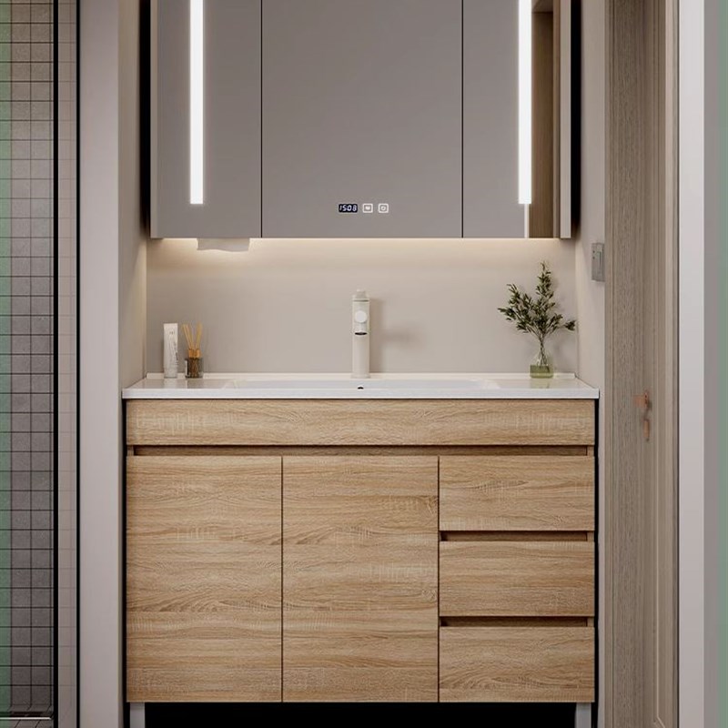 加工陶瓷一体盆74/84/94/104公分浴室柜洗脸洗手盆柜落地式原木风