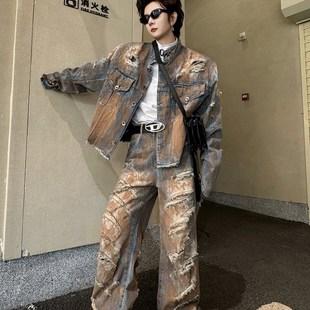 炸街两件套 男设计感破洞长裤 2024春季 小众手绘刷漆r牛仔夹克套装