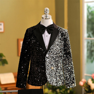 儿童拼接亮片礼服男童花童西装T台走秀套装婚礼钢琴演出服主持人