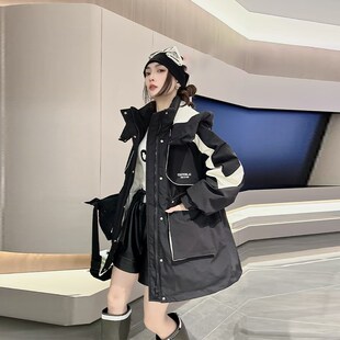 胖MM百搭连帽拼色肩长袖中长款冲锋衣外套大女子韩版户外防风上衣