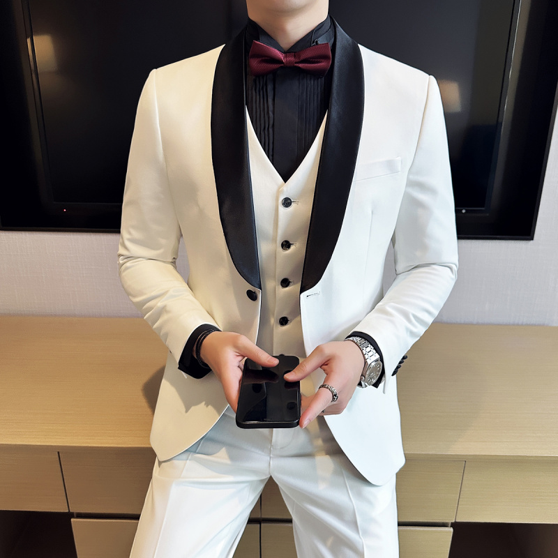 高定款男士结婚礼服套装q单排扣青果领西服英伦修身新郎西装三件