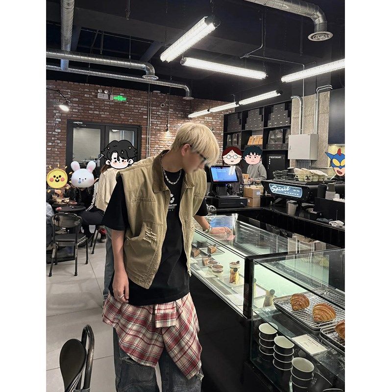 美式潮牌复古g水洗牛仔背心夹克男宽松休闲设计感廓形坎肩马甲外