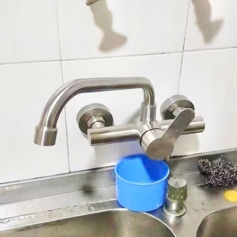 304不锈钢水龙头洗衣盆冷热洗衣池水龙头入墙式厨房万向旋转双孔