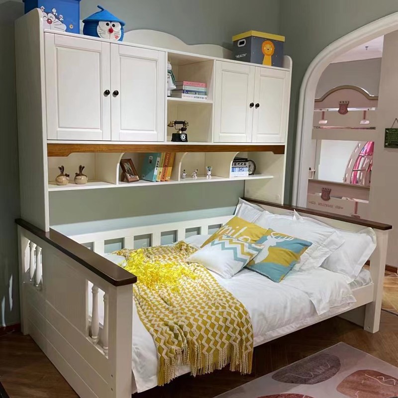 618新品奶油风床柜一体功能床衣柜床书柜床四门衣柜转角书桌