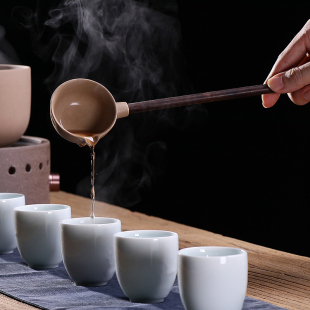日式 陶瓷分茶勺套装 小煮茶器长柄舀茶勺茶匙茶勺实木茶勺茶铲家用