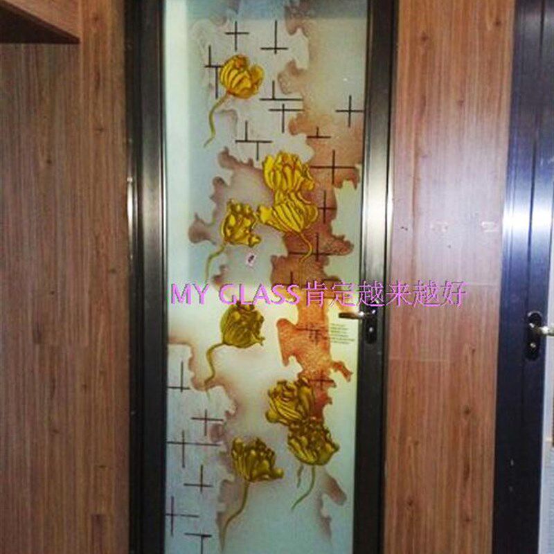 钢化雕花玄关隔断门芯屏风透光手工雕刻工艺术玻璃郁金香金色欧式