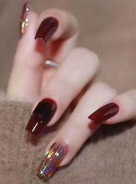 定制手工光疗美甲成品高级显白酒红色玻璃纸新年梯形美甲片