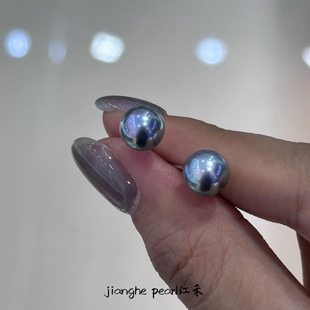 天然海水akoya真多麻珍珠耳钉18k金正圆极光简约百搭清冷感耳饰