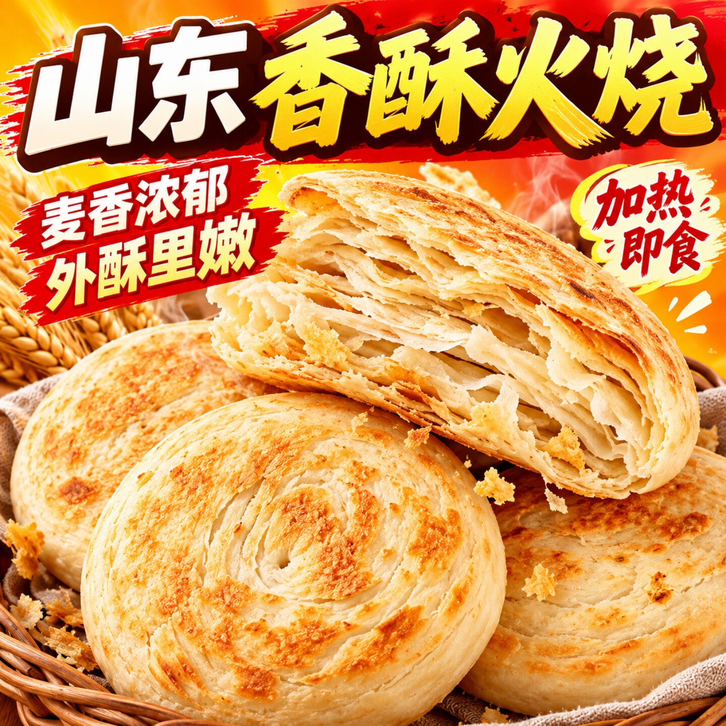 【配料干净】发面千层饼椒盐火烧山东麦香千层烧饼全麦老面主食