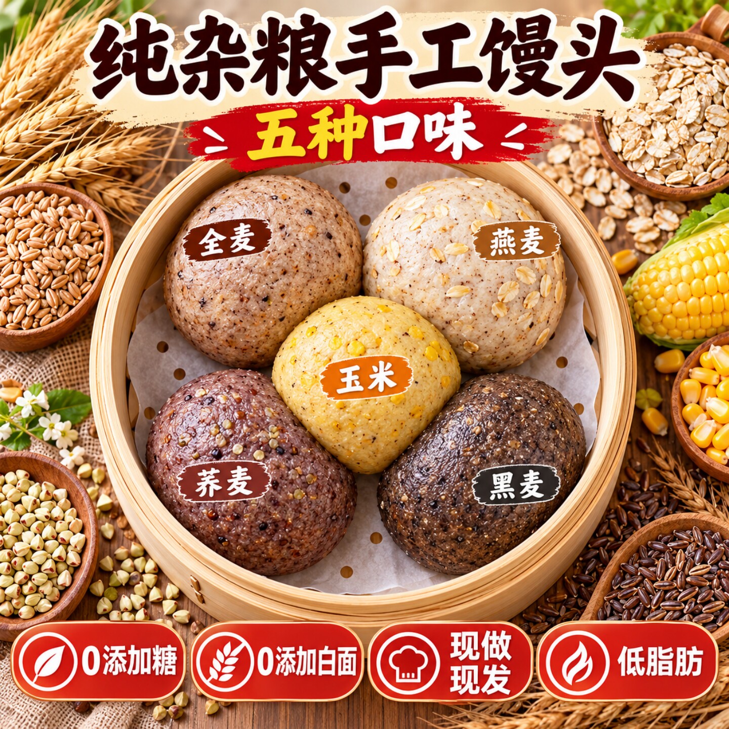 五谷杂粮馒头山东馒头东北特产无糖精玉米荞麦燕麦黑米代餐全麦