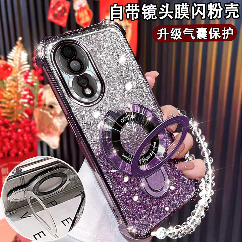 适用华为荣耀80手机壳曲屏ANN-AN00闪粉磁吸支架Honor 80Pro全包镜头膜ANP-AN00防摔气囊硅胶80por软壳保护套