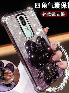 oppoa9新款手机壳可爱兔镜子支架OPPOA9X镜头膜全包PCAM10四角防摔0pp0A9x闪粉硅胶opoa9网红oppa9高颜值外壳