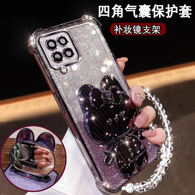 适用三星M22新款手机壳网红闪粉samsungM23可爱兔支架镜子GalaxyM32硅胶保护套镜头膜全包M22超薄防摔m23软壳