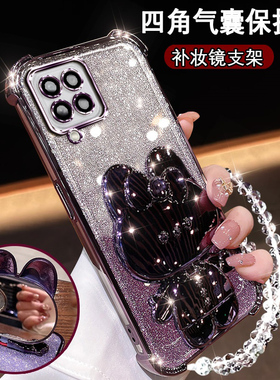 适用三星M22新款手机壳网红闪粉samsungM23可爱兔支架镜子GalaxyM32硅胶保护套镜头膜全包M22超薄防摔m23软壳