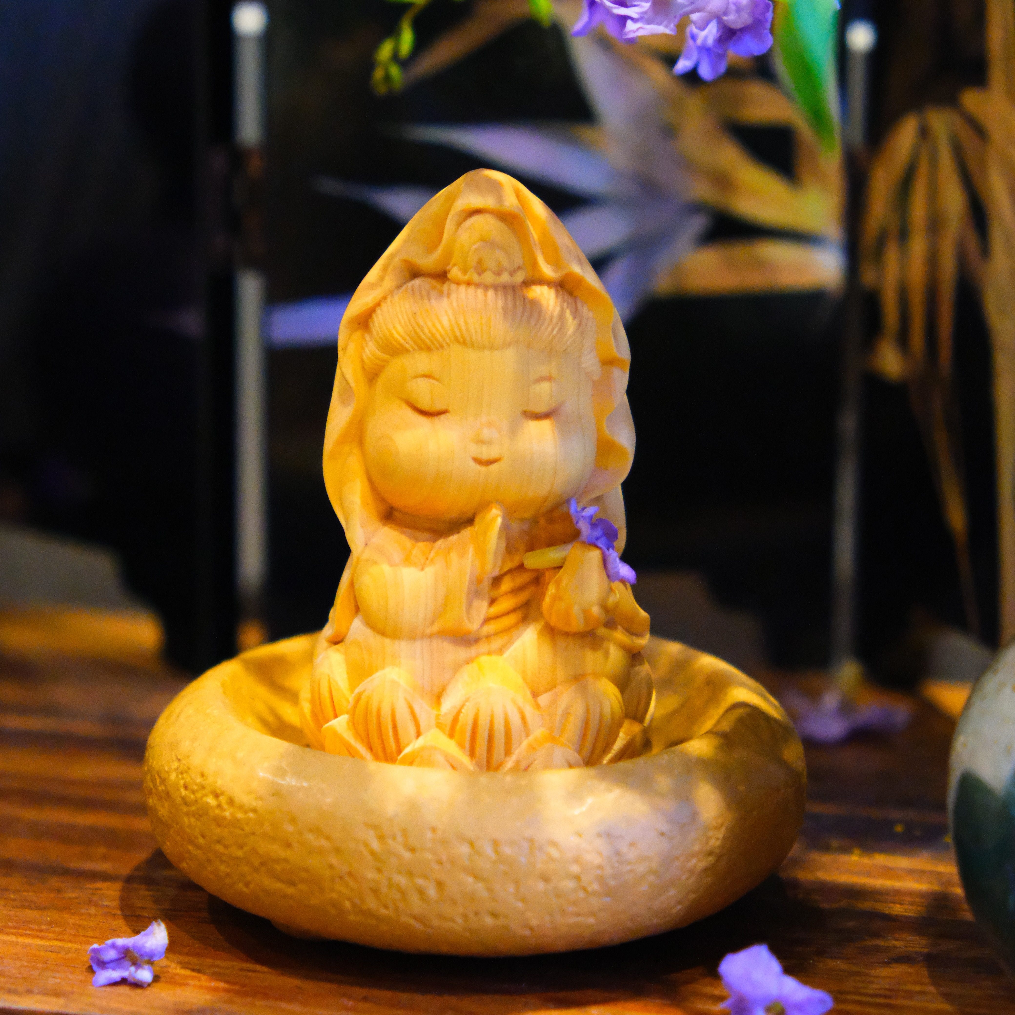 灵犀宝阁】黄杨木小观音组合莲花香插中式小摆件家用供奉佛前底座图片