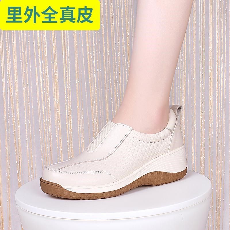 头层牛皮坡跟休闲深口单鞋一脚蹬内外真皮透气小白鞋防滑软底女鞋
