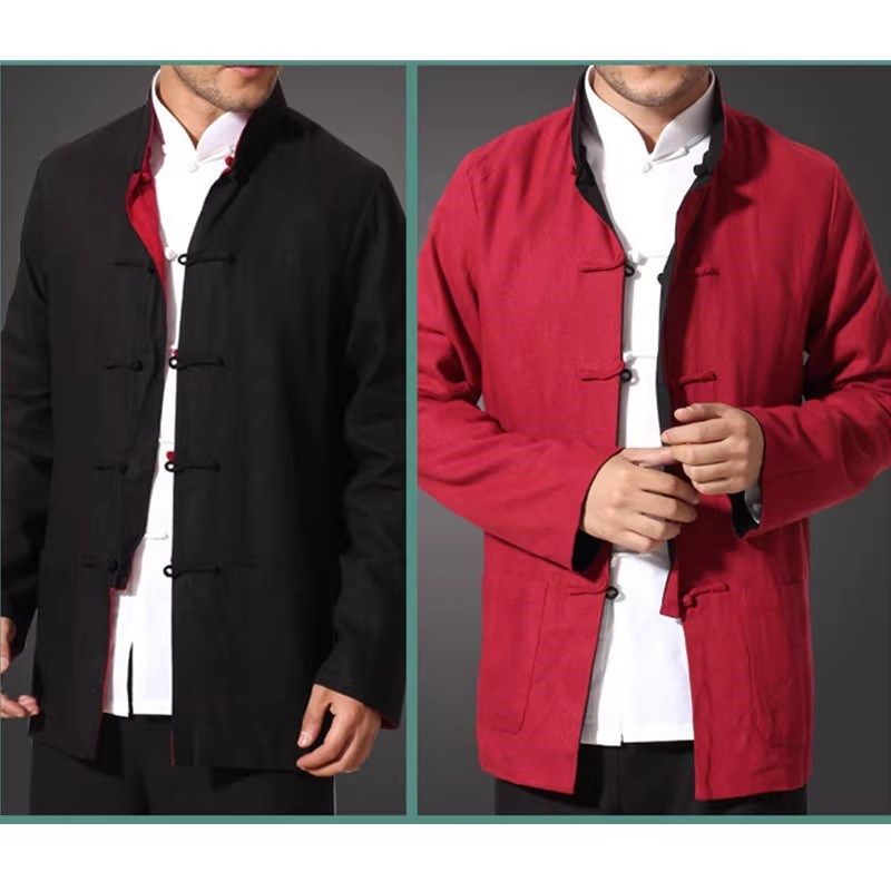 中国风唐装男双面穿夹克复古男装中式大码长袖上衣老粗布亚麻外套