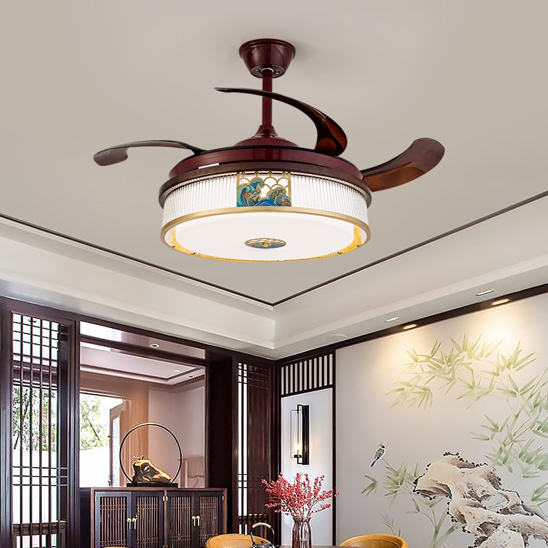 风扇灯新中式餐厅吊灯复古实木酒店包厢餐桌灯禅意吊扇一体卧室灯