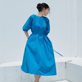 Vitatha番塔塔 两穿复古灯笼泡泡袖 蓝色连衣裙女宽松系带显瘦
