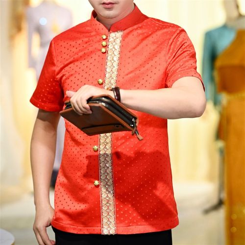 傣族结婚服新郎服时尚帅气泼水节男装立领短袖男士衬衣节日盛装