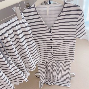 睡衣三件套夏条纹短袖透t气亲肤圆领开衫短袖睡衣家居服女可外穿