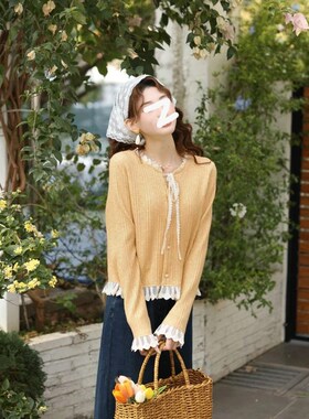 温敏er蕾丝拼接黄色针织开衫外套女早春季韩系宽松设计感长袖上衣
