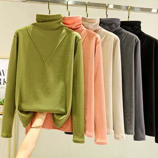 双面德绒高领打底衫女秋冬加绒加厚内搭T恤洋气百搭长袖保暖上衣