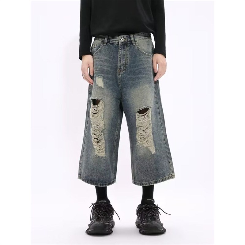 2025夏季新款潮牌破洞阔腿7分牛仔裤中腰休闲宽松直筒短裤男女潮