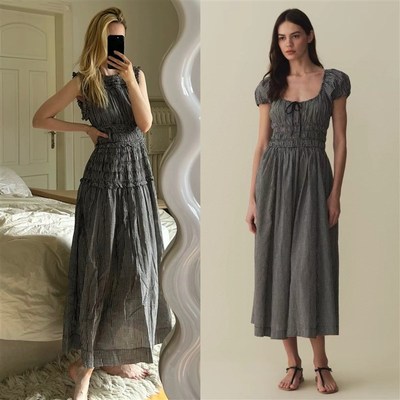 雪绿 【黑格纹】D0en复古格子裙2025超好看设计感修身连衣裙长裙